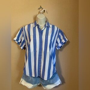 Vintage Liz Sport Blue and White Striped Short Sleeve Shirt
